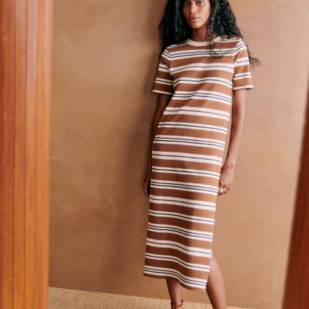 Sezane Brown and White Striped Emy Maxi Dress